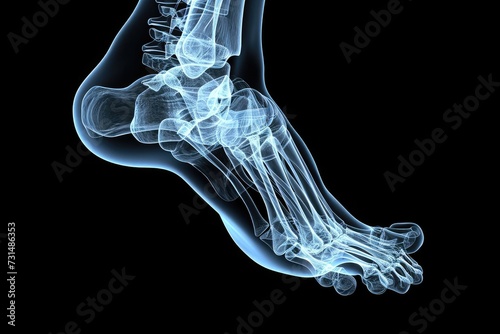 Close-up view of a human skeletons foot, highlighted against a black background, 3D X-ray interpretation of a human ankle and foot, AI Generated © Iftikhar alam