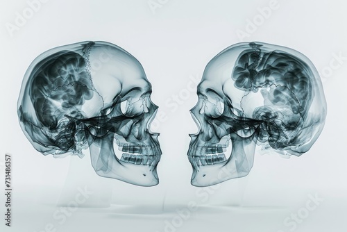 This photo shows a pair of human skulls, with their heads turned to the side, 3D X-ray interpretation of a human skull from different angles, AI Generated photo