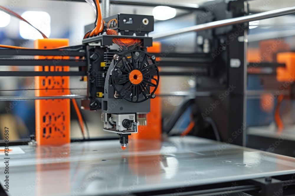Fototapeta premium A machine in action, diligently working on some kind of object, A 3D printer creating complex IT hardware designs, AI Generated