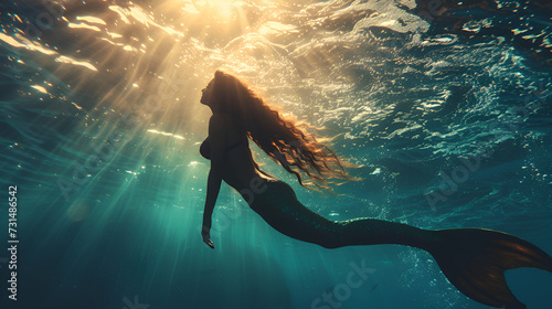 beautiful mermaid swimming under water with light shine trough water surface, Generative Ai © Chaman