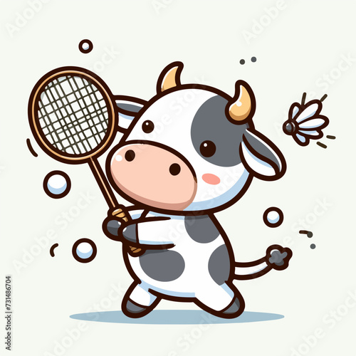 sport animal cute cow playing badminton with net racket vector illustration vector illustration