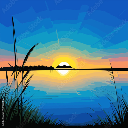 duck or teal birds flying over the lake. grass, mountain and sunset background.