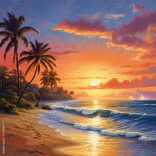 A tranquil beach at dawn, with gentle waves rolling in, palm trees swaying, and a spectrum of warm colors painting the sky ©  ALLAH LOVE