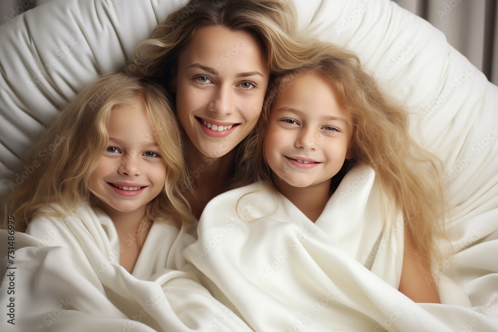 Portrait of mature mom with adult daughter and friend posing. Senior woman and adult daughter laughing on porch. Generative AI. Portrait of mature mom with adult daughter and friend posing. Senior woman and adult daughter laughing on porch. Generative AI.