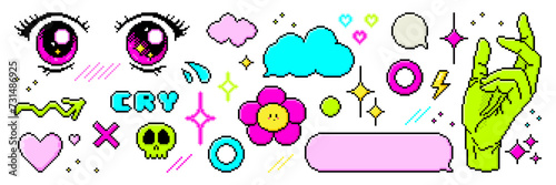 Set of trendy pixel art elements, including anime eyes, speech bubbles, stars, heart, hand and cloud shapes. Retro game style dialogue box and elements. Modern vector illustration.

