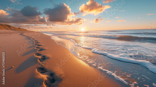Fototapeta Naklejka Na Ścianę i Meble -  Traces in the sand of a beach by the sea in a low sun
