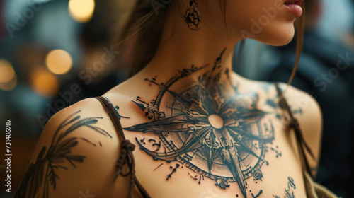 A compass as a tattoo on a woman's chest photo