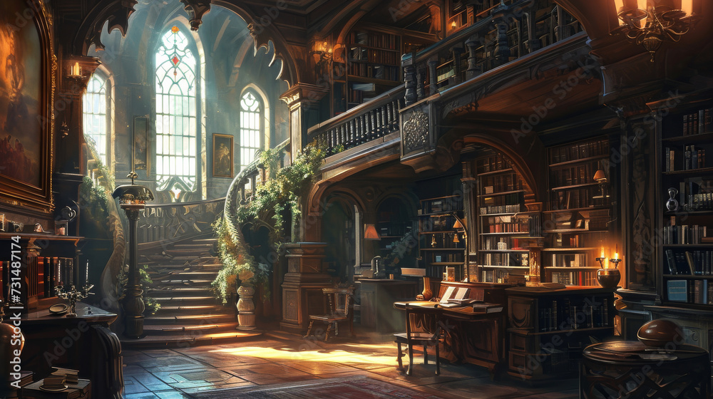 an old rustic library with light coming in from the large windows