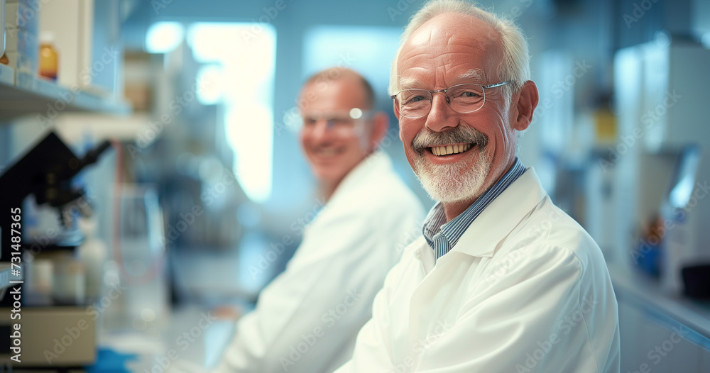 a smiling scientist and technician together in a laboratory
