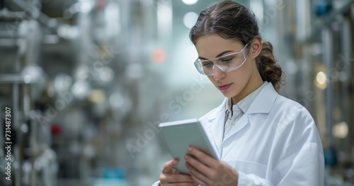woman scientists working together on a digital tablet in a lab