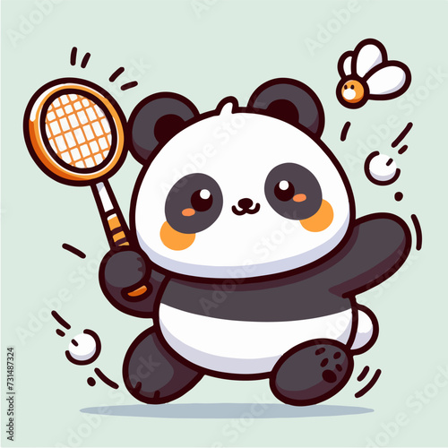 sport animal cute fat panda playing badminton vector illustration