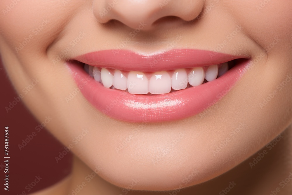 Fototapeta premium Close-up portrait of a beautiful womans smiling face with perfect teeth and vibrant painted lips