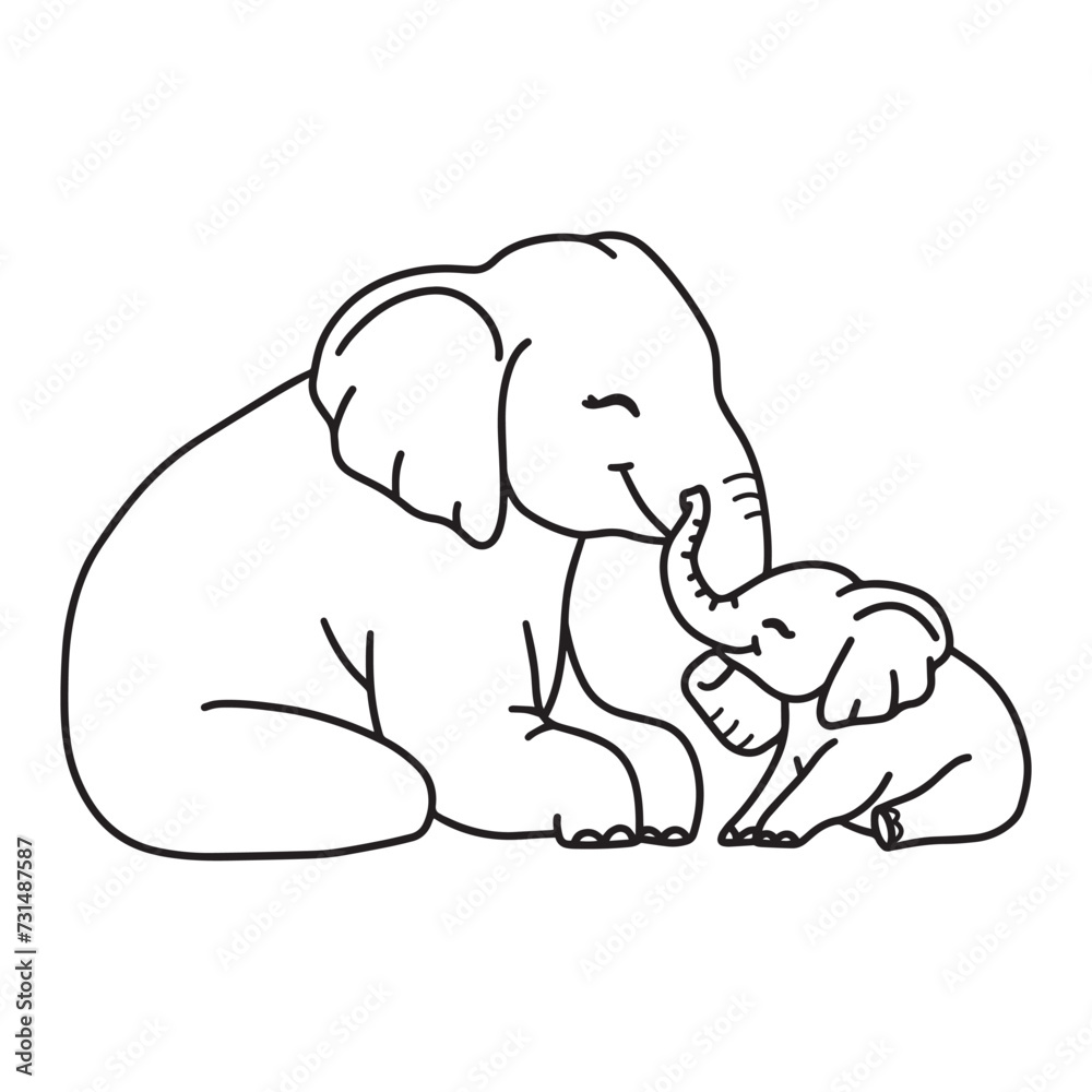 Obraz premium Line art of Mother elephant and baby elephant cuddle each other vector