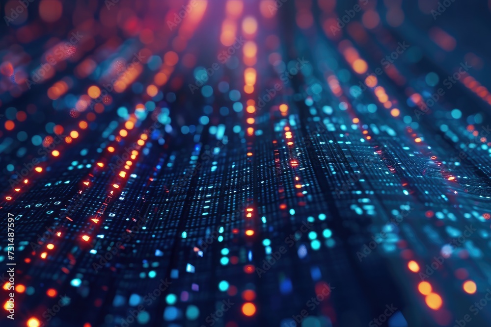 A colorful background featuring a combination of blue and red hues adorned with numerous small dots, A binary code pattern with metallic sheen, AI Generated A colorful background featuring a combination of blue and red hues adorned with numerous small dots, A binary code pattern with metallic sheen, AI Generated