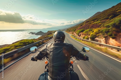 A man rides a motorcycle along a scenic coastal road with the ocean in the background, A biker enjoying a solitary ride on a coastal highway, AI Generated photo