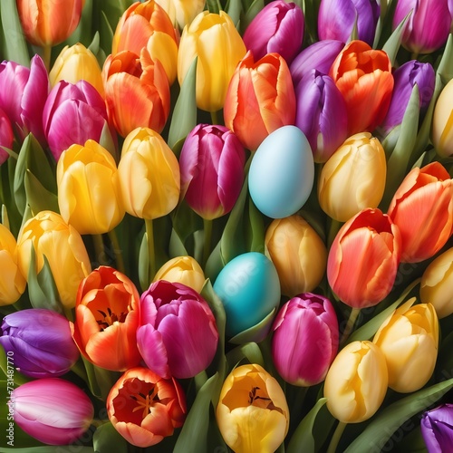 Easter background. Colorful spring tulips with butterflies and painted eggs