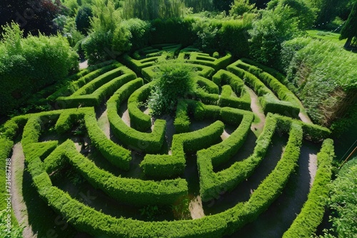 Explore the labyrinthine paths of this expansive green maze, providing an exciting challenge and an escape into nature, A bird's eye view of a labyrinth-like hedge garden, AI Generated