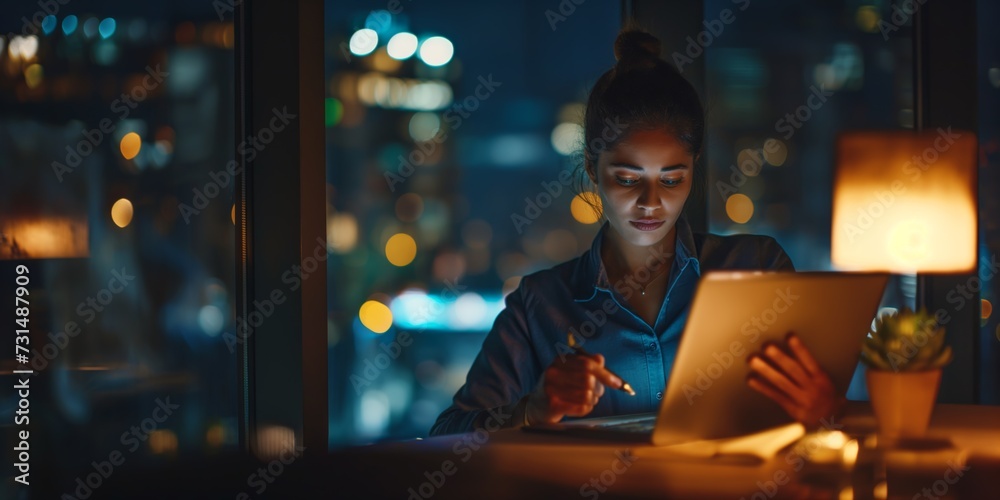 Night, tablet and business woman typing, scroll and manager review journalist story, social media blog and working late. Professional news reporter, reading and Indian person check online article - obrazy, fototapety, plakaty 