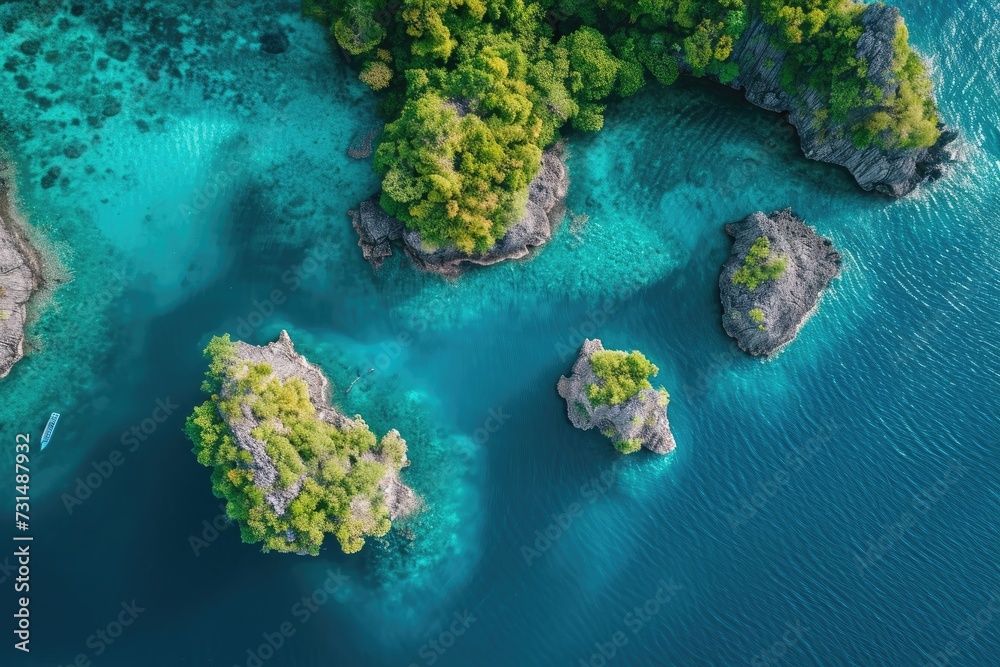 Capture the tranquil beauty of a serene body of water as it nestles amidst a vibrant forest of green, A bird's eye view of islands surrounded by crystal clear water, AI Generated
