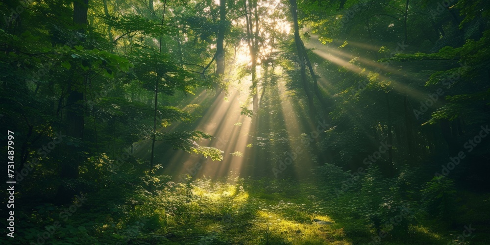 Obraz premium Spectacular morning sun light rays in the forest. Green forest during a beautiful summer warm day