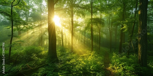 Spectacular morning sun light rays in the forest. Green forest during a beautiful summer warm day © Lakkhana