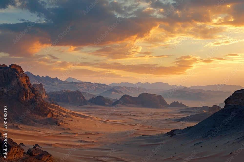 A breathtaking view of a vast desert with towering mountains in the far distance, A blend of cool and warm hues emulating a desert at sunset, AI Generated