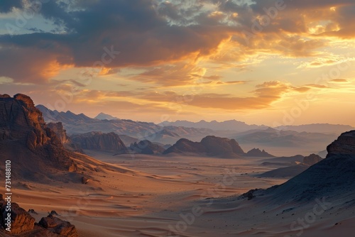 A breathtaking view of a vast desert with towering mountains in the far distance  A blend of cool and warm hues emulating a desert at sunset  AI Generated