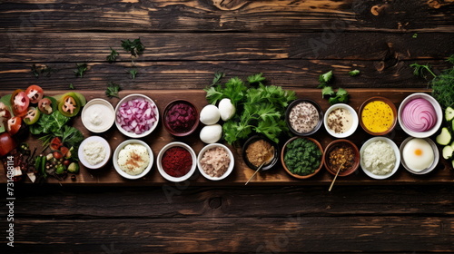 Assorted Condiments and Ingredients for Gourmet Cooking on Rustic Wooden Background