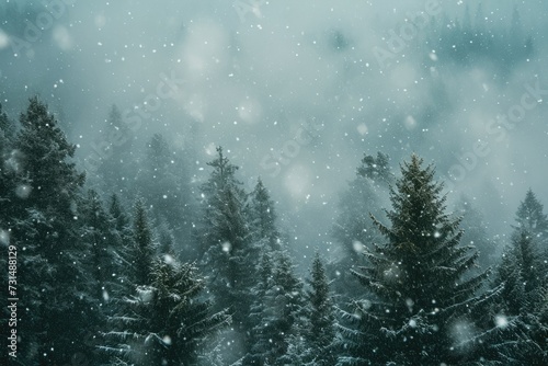 A Serene Winter Wonderland, Snow Covered Forest Teeming With Towering Trees, A blizzard obscuring the view of a once vivid evergreen forest, AI Generated