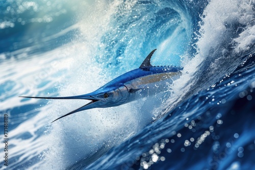 A blue marlin gracefully rides a massive wave in the vast expanse of the ocean, A blue marlin speeding through the ocean waves with stunning agility, AI Generated