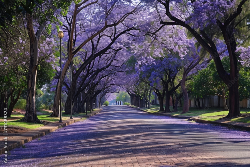 A vibrant street lined with numerous trees showcasing a profusion of stunning purple flowers, A boulevard lined with jacaranda flowering trees in a city park, AI Generated