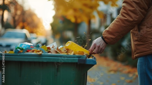 Man throwing garbage in trash bin outdoors