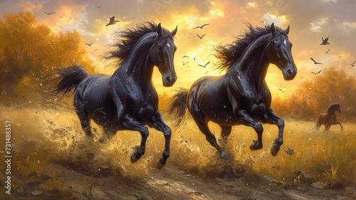 two black beautiful horses runing