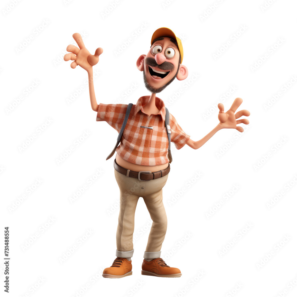 The 3D animation character depicts a man in a humorous pose, possibly a tourist, wearing a backpack and a yellow cap, adding a playful and adventurous touch to the scene.