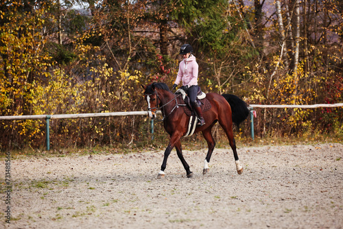 Woman with horse at a light trot training on the riding arena