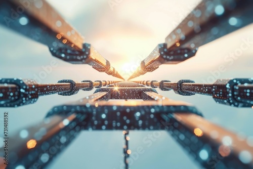 Skyward Glimpse From Beneath a Bridge, A bridge constructed from interlinked blocks symbolizing blockchain connections, AI Generated