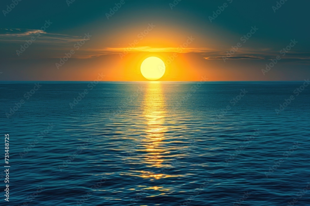 Witness the stunning sight of the sun sinking below the horizon as the day comes to a peaceful end over the vast ocean, A bright yellow sun setting over a deep blue ocean, AI Generated