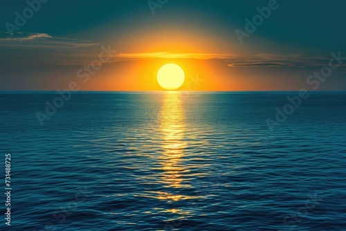 Witness the stunning sight of the sun sinking below the horizon as the day comes to a peaceful end over the vast ocean  A bright yellow sun setting over a deep blue ocean  AI Generated