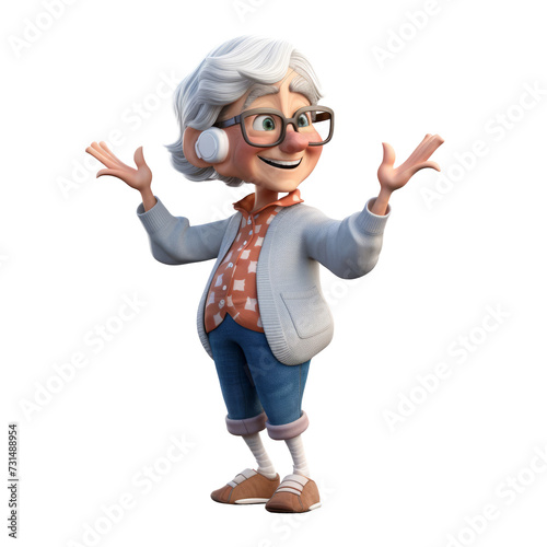 The 3D animation character features a grandma wearing glasses, looking happy to see something, suggesting a sense of joy or delight.