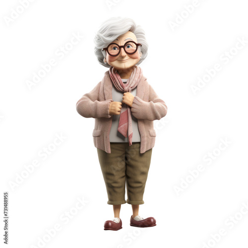 The 3D animation character depicts a grandma with a scarf and glasses, wearing a smile that radiates warmth and kindness.