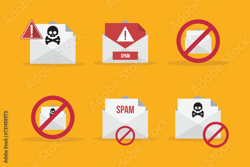 Spamming mailbox icon set. Email hacking and spam warning symbol. EPS10 Vector Illustration.