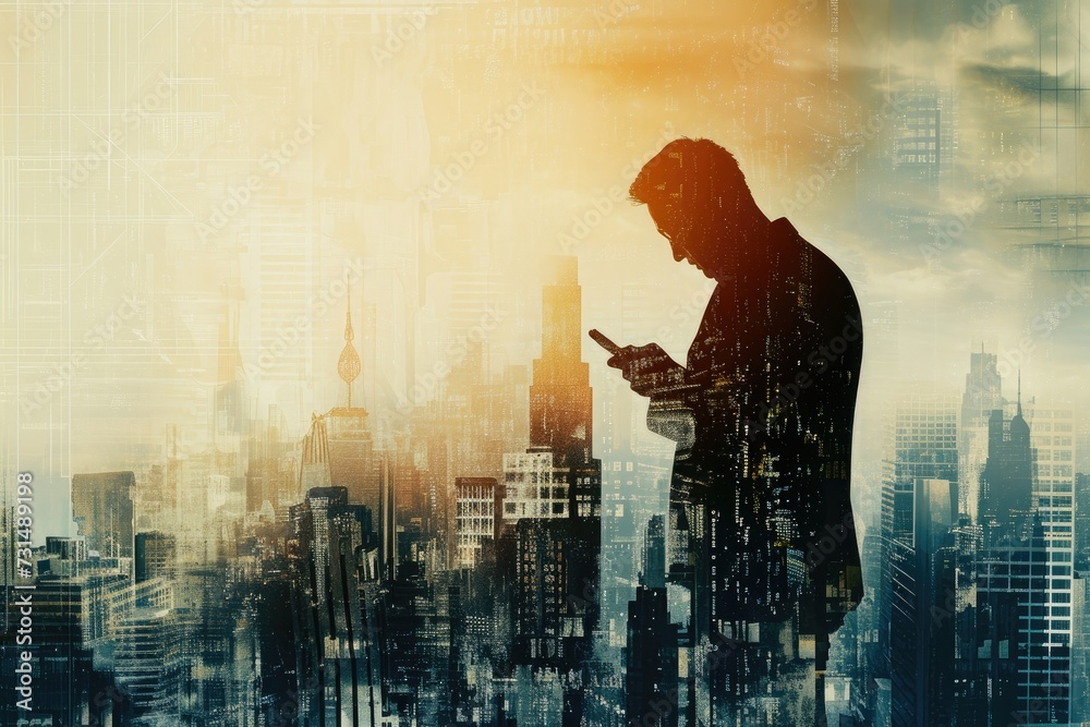 A man stands before a stunning city skyline, capturing the moment on his cell phone, A businessman using a cellphone with a city skyline in the background, AI Generated