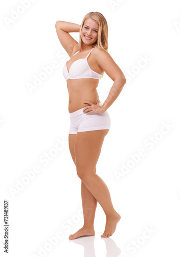 Portrait, smile and underwear with body positive woman in studio isolated on white background for wellness. Skincare, natural and plus size with proud young model looking confident in cosmetics