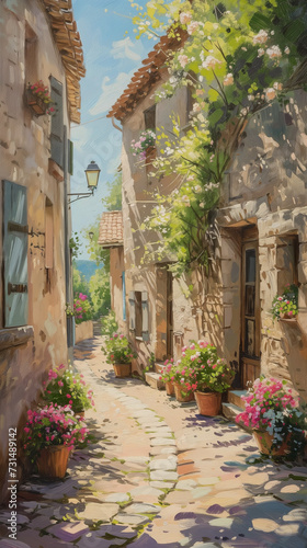Charming Cobblestone Alley in a Traditional Provence Village: Picturesque Stone Houses with Shuttered Windows and Blooming Flowers, Idyllic French Countryside Scene for Travel and Culture.