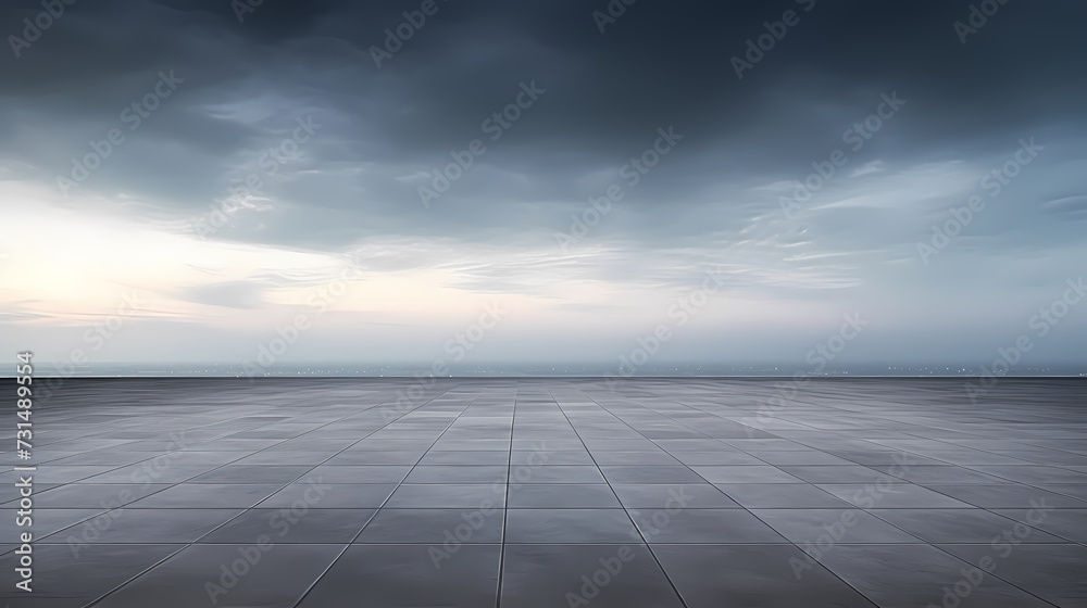 Dark concrete floor background infinite horizon sky panoramic scene