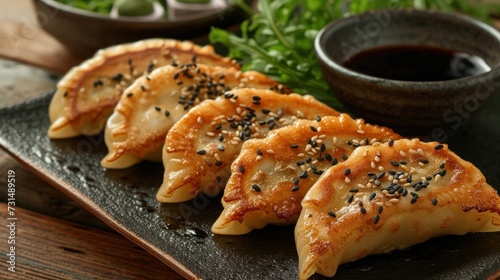 Delicious Japanese fried dumplings gyoza on a black plate with sauce and green onions. Food photography in Japanese cuisine concept. Digital illustration generative AI. photo