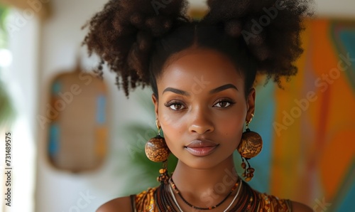 woman African American black little girl with two puffs pony tail hair on her head.Afro hairstyles.Generative AI photo