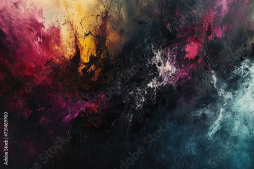 An eclectic abstract painting showcasing a blend of vibrant colors and diverse shapes, A chaotic fusion of dark and light colors reflecting emotions, AI Generated