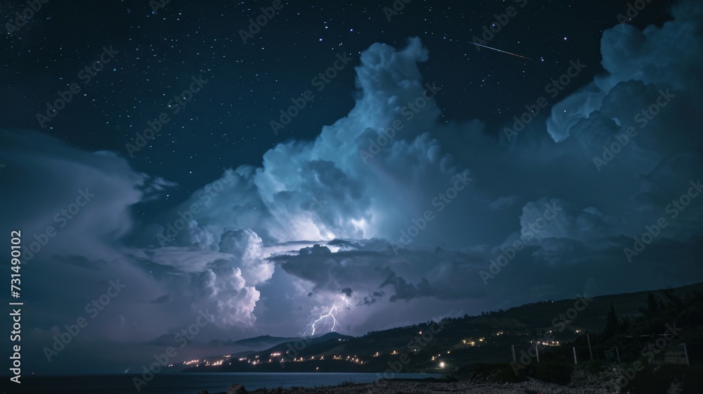 Thunders in night sky long exposure