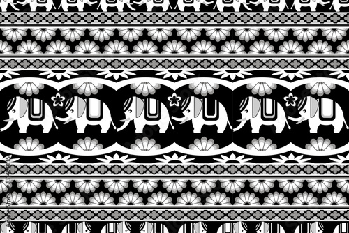 Ethnic Cute White Thai Elephant Seamless Pattern On Black Background.  Vector design for fabric, carpet, tile, embroidery, wallpaper, and background